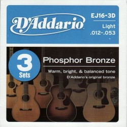 D'Addario EJ16 3-Pack Phosphor Bronze Light Acoustic Guitar Strings 12-53