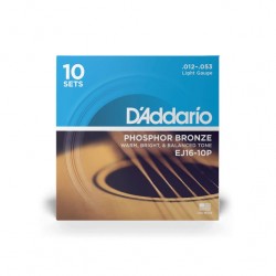 D'Addario EJ16 10-Pack Phosphor Bronze Light Acoustic Guitar Strings 12-53